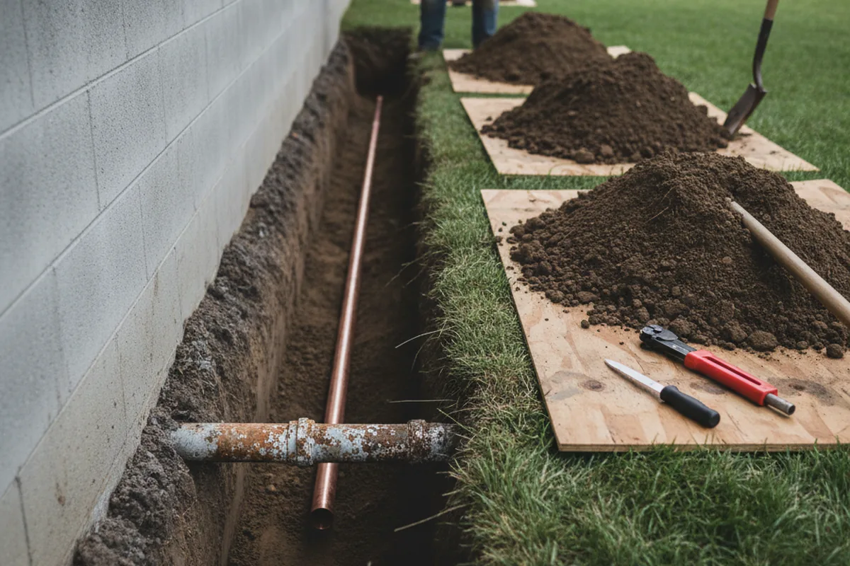 Excavated water line trench during Sewer Line Repair in Scotland